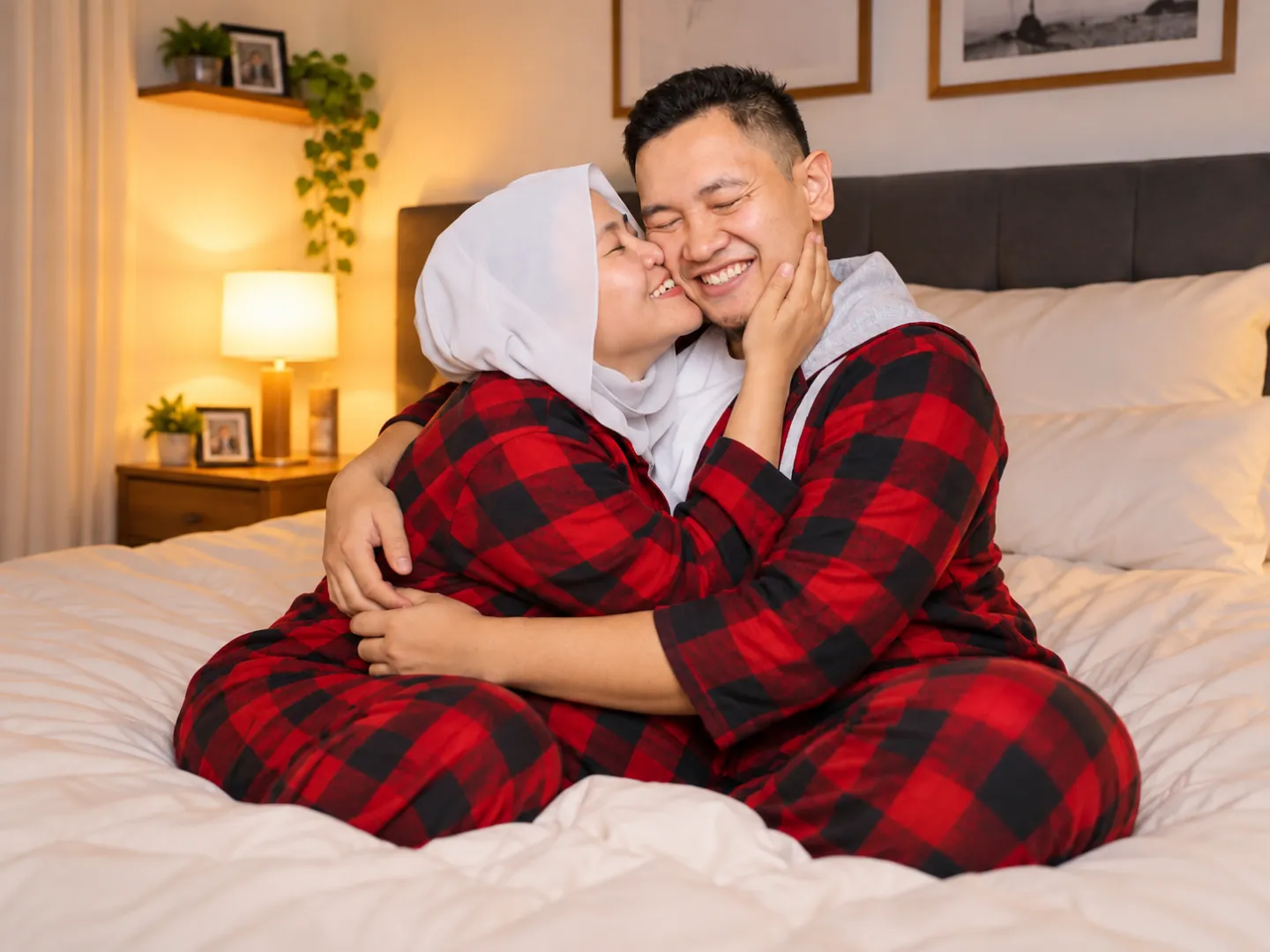 An adult couple sharing an affectionate moment at home